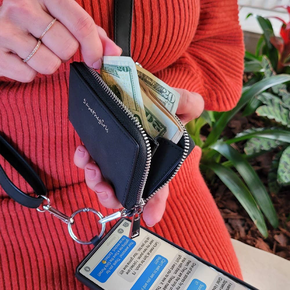 Clip & Go Brushed Vegan Leather Phone Lanyard - RFID Pouch: Black - Black Pouch