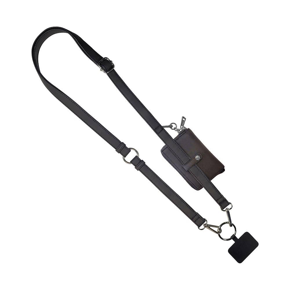 Clip & Go Brushed Vegan Leather Phone Lanyard - RFID Pouch: Black - Black Pouch