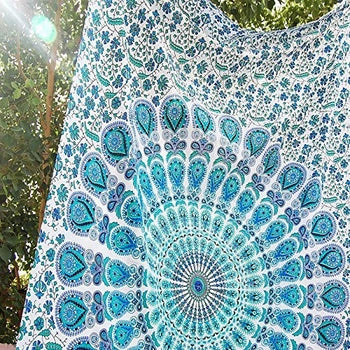 Sky Blue Peacock Mandala Tapestry (King Size 88x104)