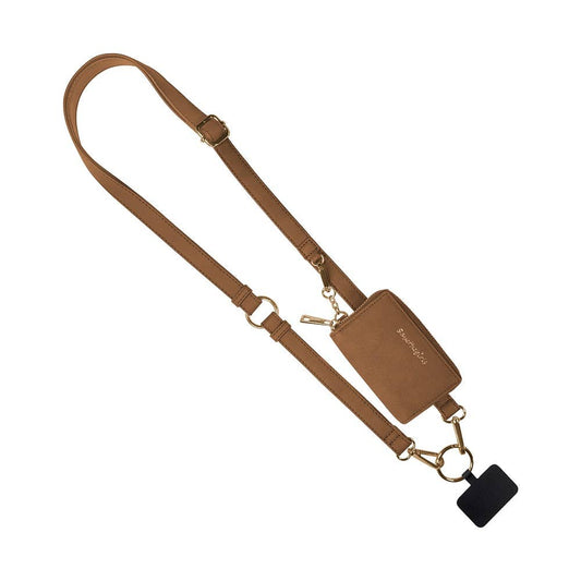 Clip & Go Brushed Vegan Leather Phone Lanyard - RFID Pouch: Brown - Brown Pouch