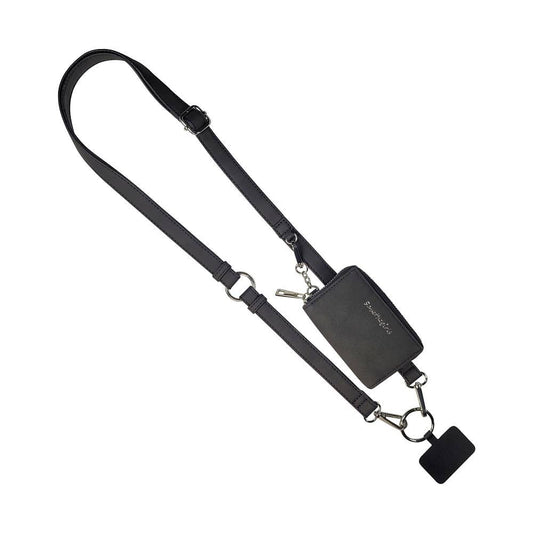 Clip & Go Brushed Vegan Leather Phone Lanyard - RFID Pouch: Black - Black Pouch