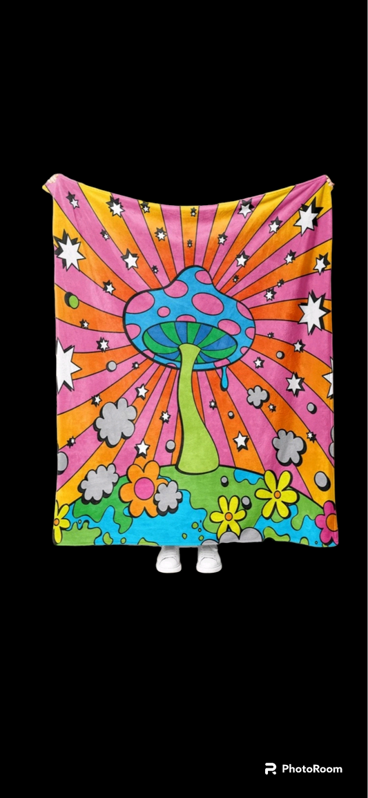 Trippy Floral Mushroom Bright Colored Throw Blanket