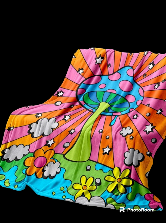 Trippy Floral Mushroom Bright Colored Throw Blanket