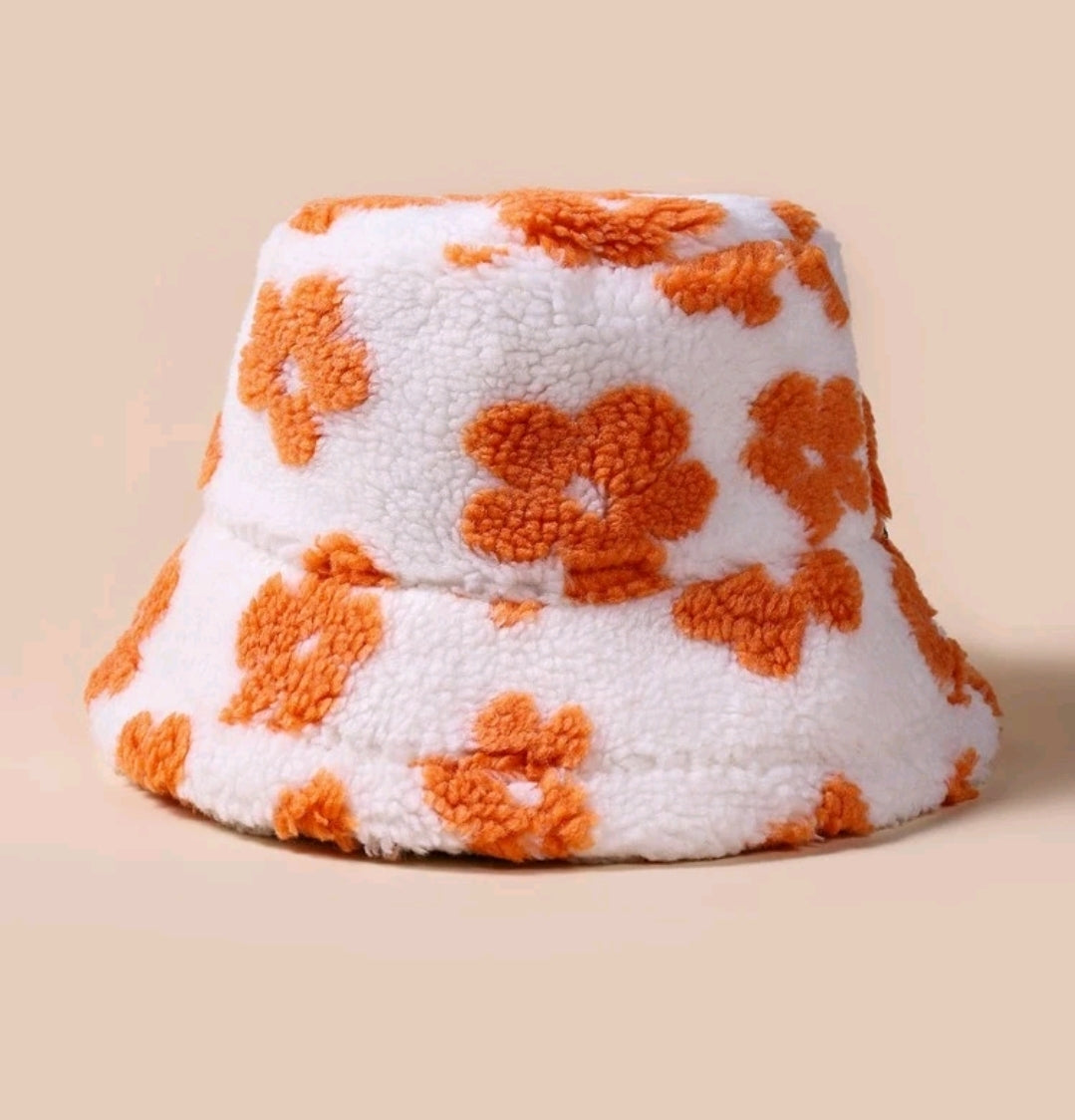 White & Orange Groovy Flower Fuzzy Bucket Hat