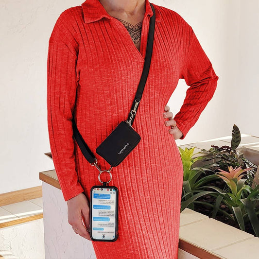 Clip & Go Brushed Vegan Leather Phone Lanyard - RFID Pouch: Black - Black Pouch