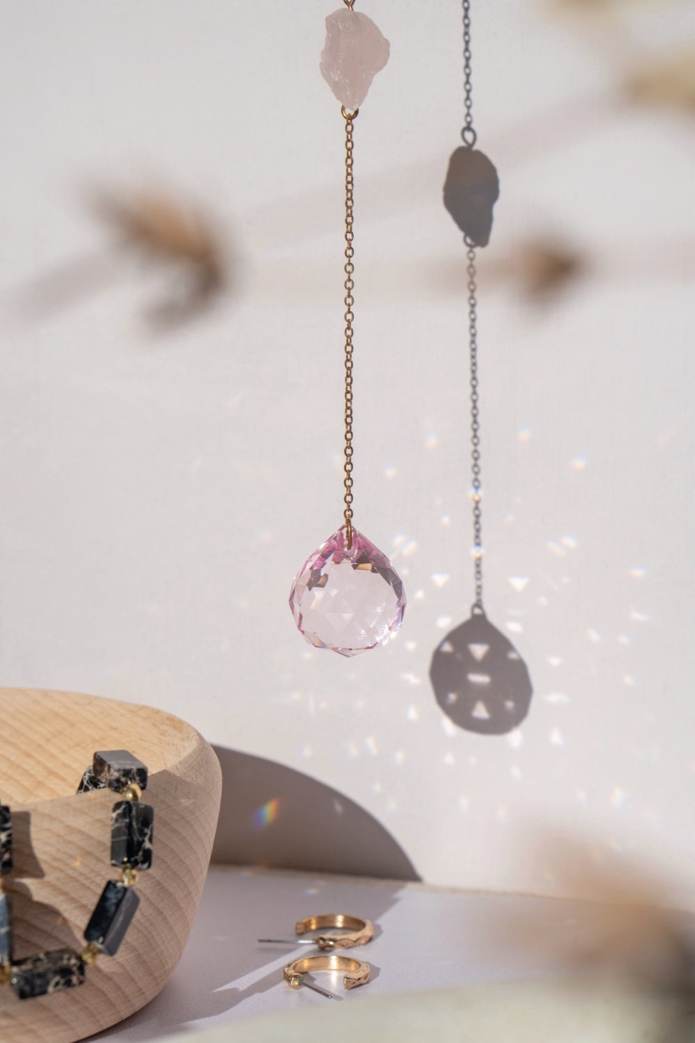 Raw Rose Quartz Crystal Window Suncatcher