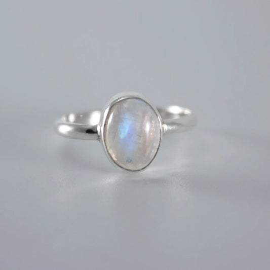 Rainbow Moonstone Open Bezel Sterling Silver Ring