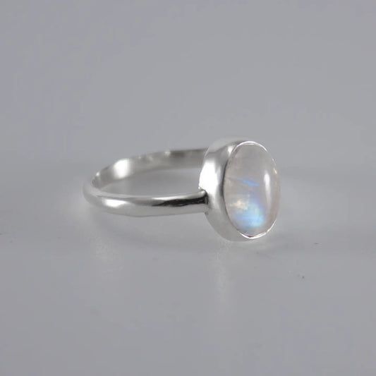 Rainbow Moonstone Open Bezel Sterling Silver Ring