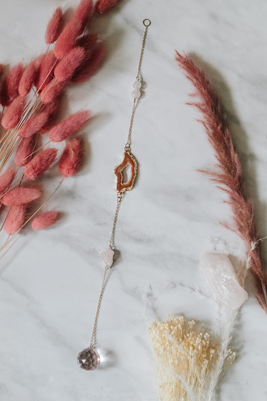 Raw Rose Quartz Crystal Window Suncatcher