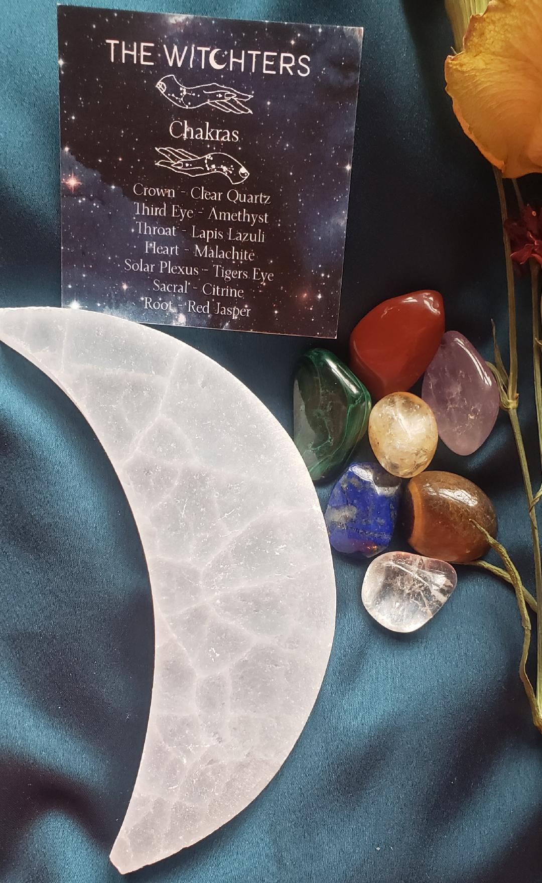 Selenite Moon Charging Plate Chakra Collection